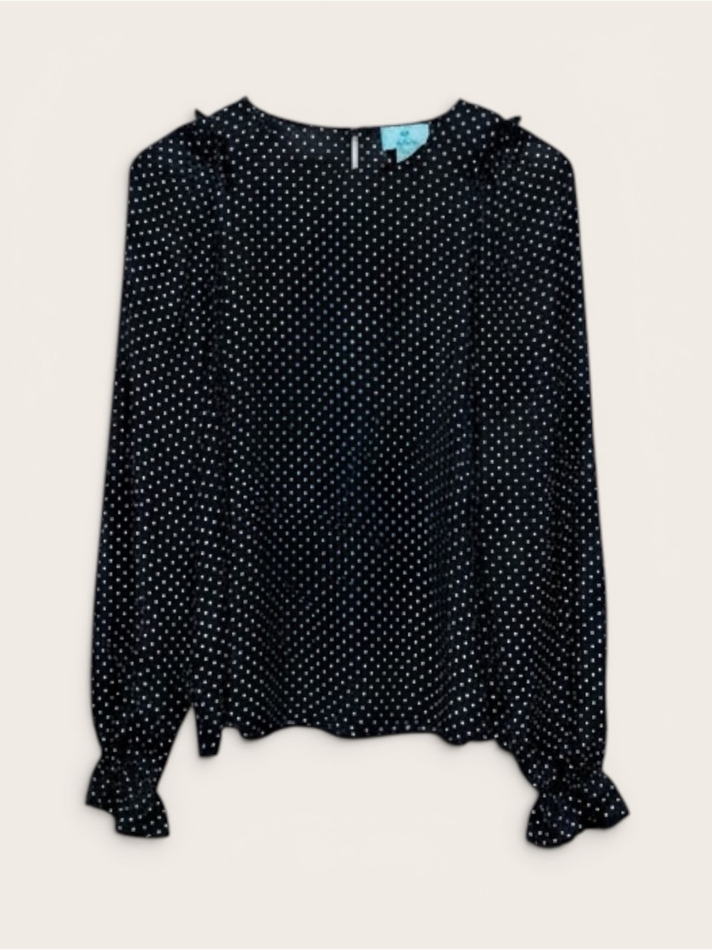 NEW CeCe Ruffle Shoulder and Cuff Polka Dot Long-Sleeve Semi-Sheer Blouse Size S